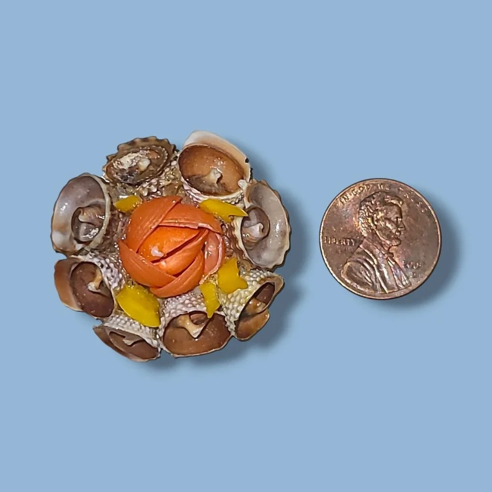 Vintage Folk Art Shell Flower Brooch Pin
